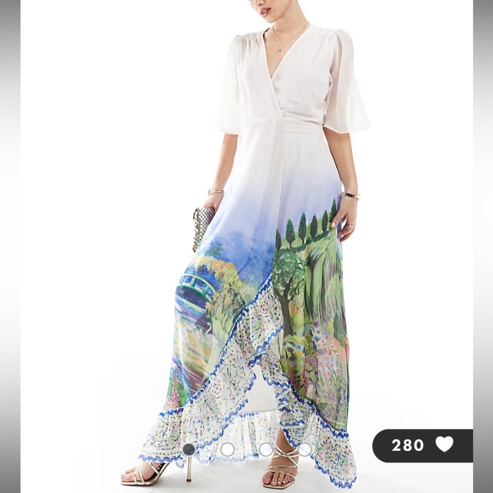 White Maxi Dress with Watercolor Landscape